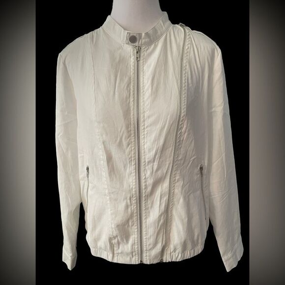 637 - SHORT BIKER MOTO WHITE ZIP JACKET BY ALLEGRA K, MEDIUM - Picture 4 of 9